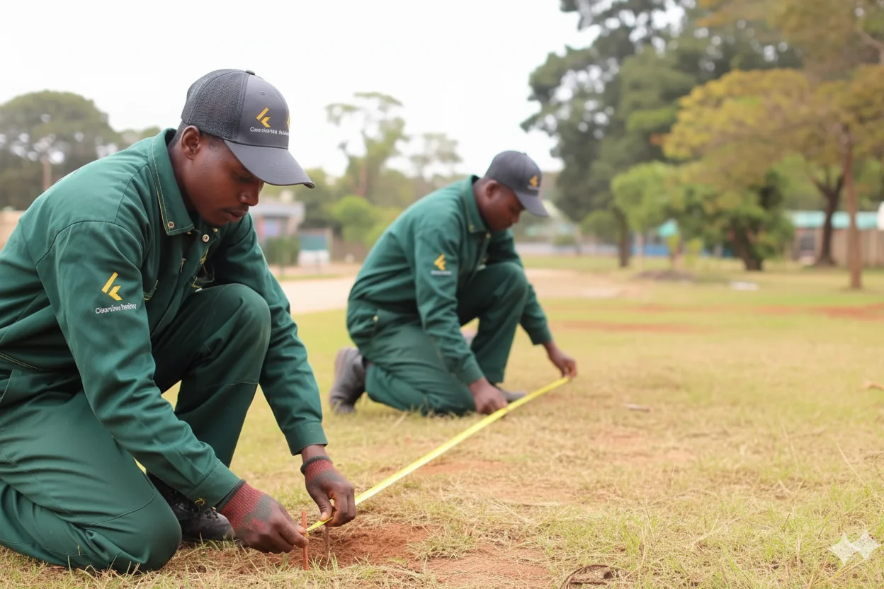 Professional contractor marking fence line with spray paint and string line on property ground